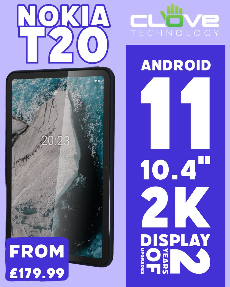clovetechnology's tweet image. The Nokia T20 • Being designed to last, this tablet is ideal for work, learn and play. Featuring 2 years of OS upgrades and 3 years of security updates.

#nokia #tablet #nokiatablet #tab #nokiat20 #techuk