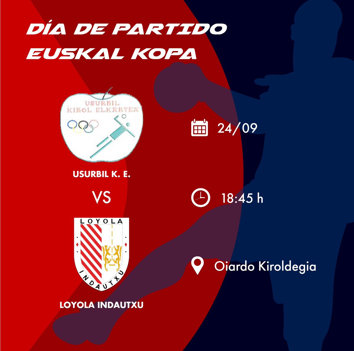 🏆 #EuskalKopa 
Seguimos luchando por la copa que esta vez nos toca viajar a Usurbil! 
📌 Oiardo Kiroldegia
📅 Sábado 24 de septiembre 
⏰ 18:45h 
<a href="/UsurbilEskubalo/">USURBIL K.E.</a> <a href="/UsurbilKE/">Usurbil KE</a> 🆚 <a href="/BalonmanoLoyola/">Loyola Indautxu</a>