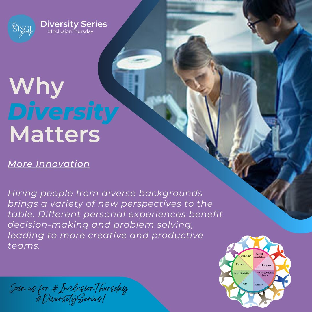 Sisgigroup's tweet photo. Different personal experiences benefit decision-making and problem solving, leading to more creative and productive teams.

#InclusionThursday
#DiversitySeries
#DiversityMatters
#WorkforceInnovation
#BenefitsOfDiversity
#Innovation https://t.co/dK7TXCS1Kj