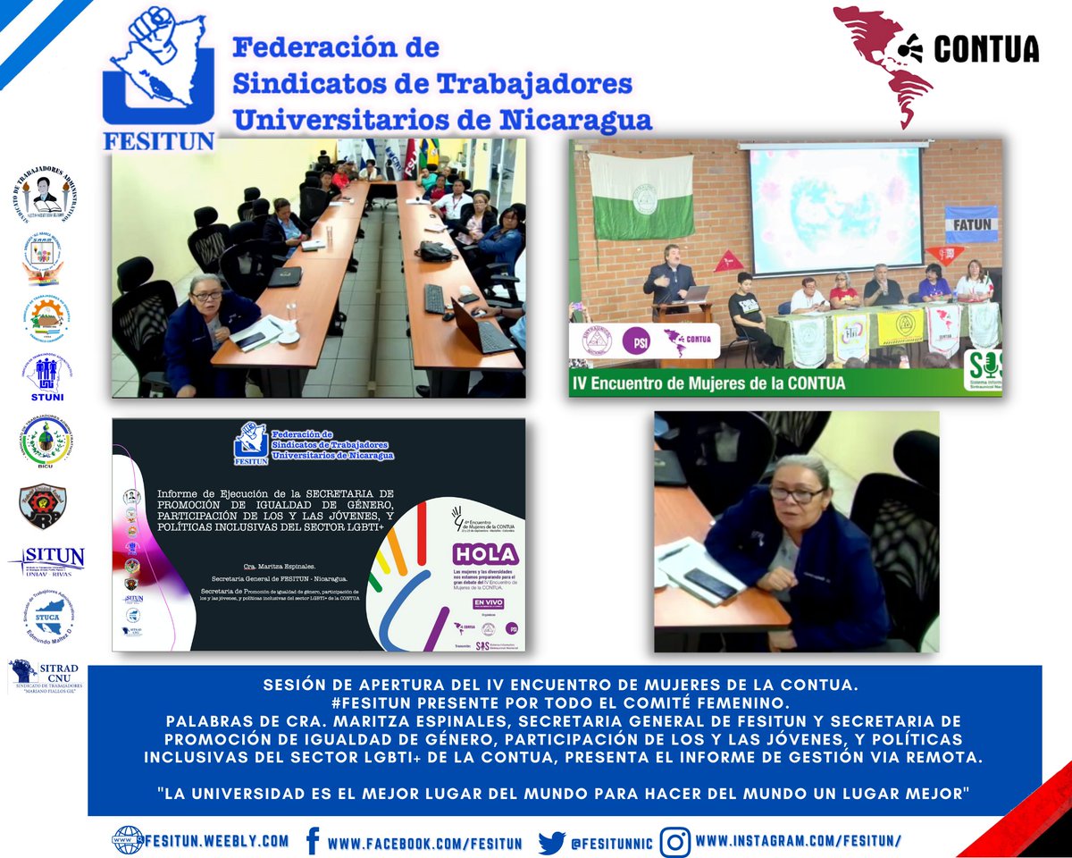 #22Septiembre Sesión de apertura del IV Encuentro de Mujeres de la CONTUA. 
#FESITUN presente por todo el comité femenino. 
Palabras de Cra. Maritza Espinales.
"La universidad es el mejor lugar del mundo para hacer del mundo un lugar mejor"