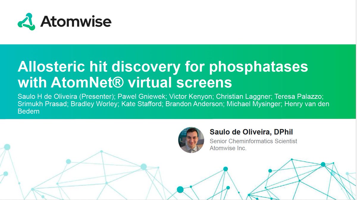 Download Saulo de Oliveira's #ACSFALL2022 presentation, 'Allosteric Hit Discovery for Phosphatases with AtomNet® Virtual Screens.' hubs.la/Q01mPV6S0 #AI #DrugDiscovery