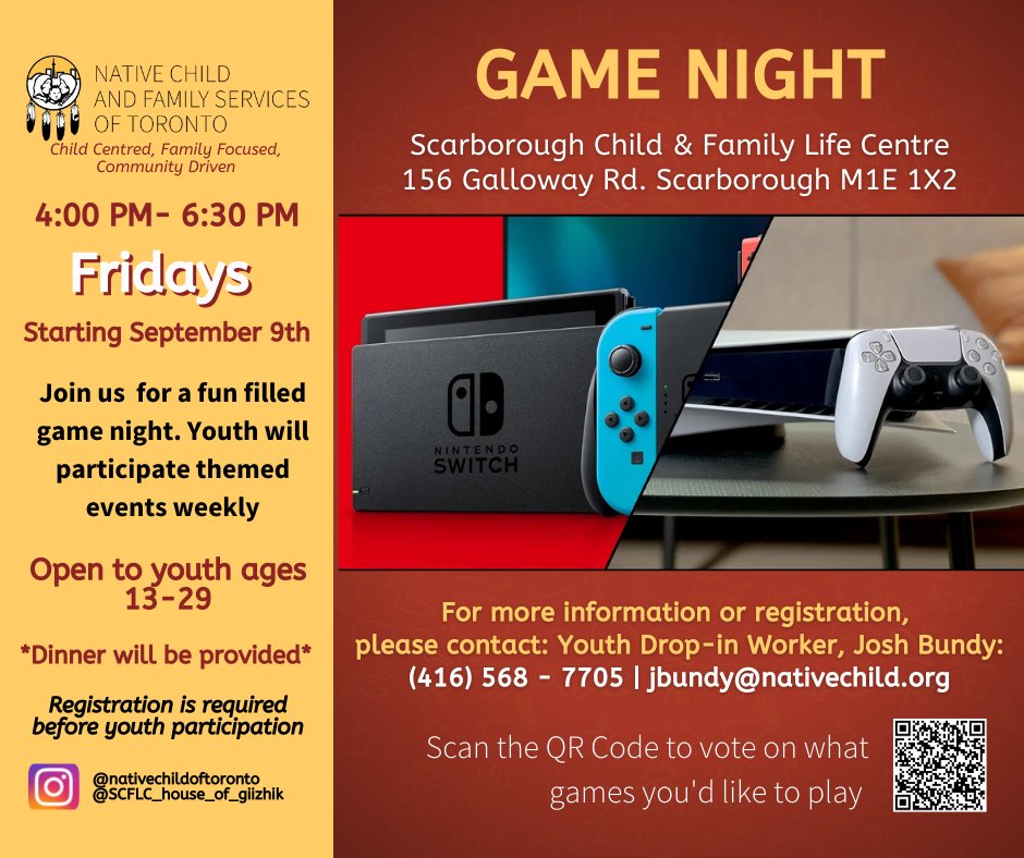 NCFST's tweet photo. Game night every Friday from 4-6:30PM at our Scarborough Child and Family Life Centre! Scan the QR Code to vote on games you'd like to play.
Open to youth 13-29
For more info or registration, please contact Josh: (416) 568-7705 | jbundy@nativechild.org
#NCFST
#SCFLC https://t.co/2UvZrUgQYO