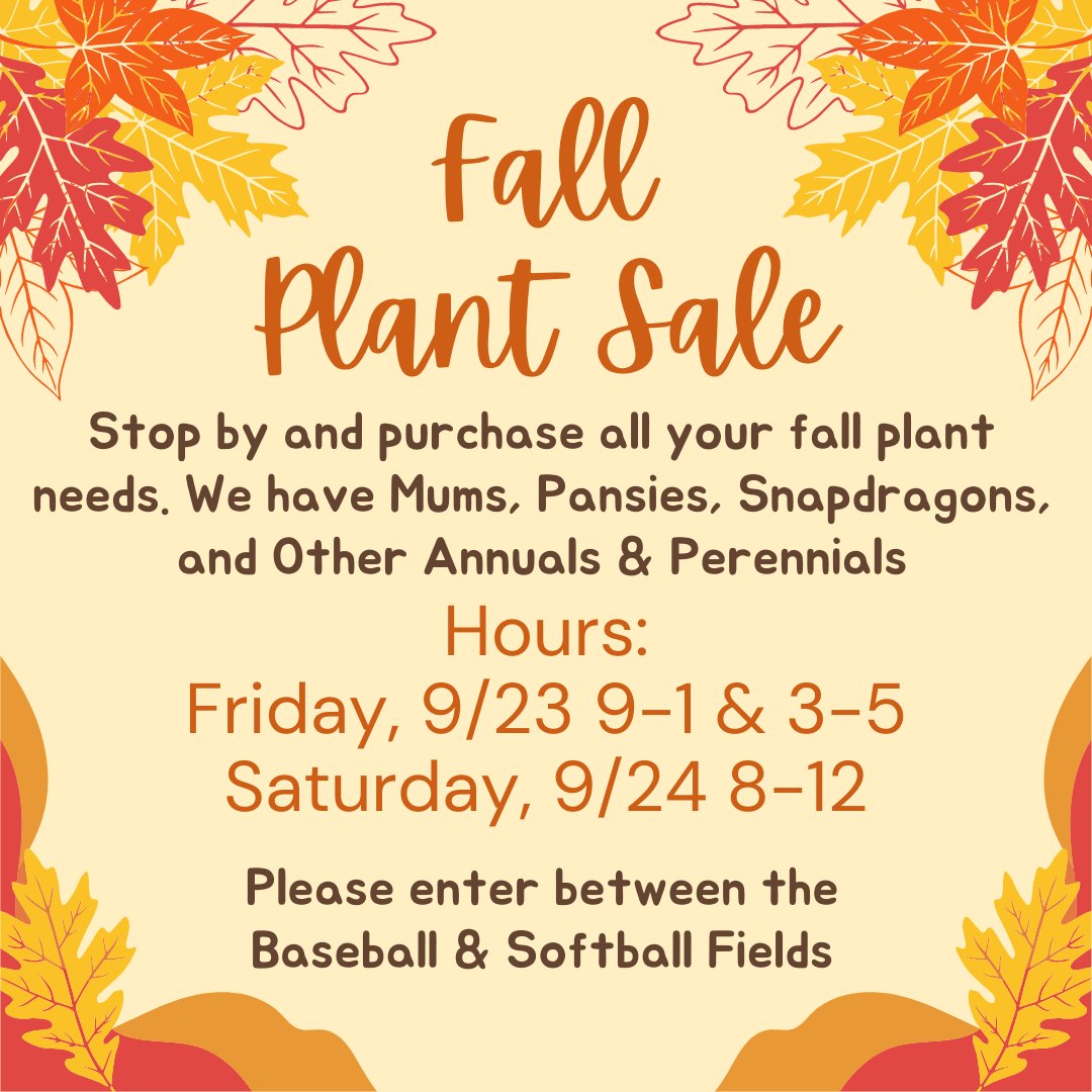 In-Person Sales Starts TOMORROW!!! Stop by the greenhouse Friday or Saturday to purchase plants grown by our horticulture department. We still have lots of plants available from mums to fall annuals and even perennials.