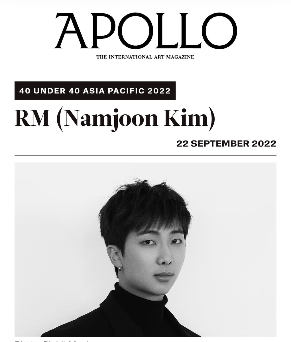 RMGlobalUnion's tweet photo. FYI 🖼️
@Apollo_magazine is one of the world's most respected art mags. They cover the "visual arts of all periods from antiquity to the present day" with their first issue being printed in 1925!

It's an honor for #RM to be included in the 9th edition of their 40 UNDER 40 list! https://t.co/S26GQdIQey