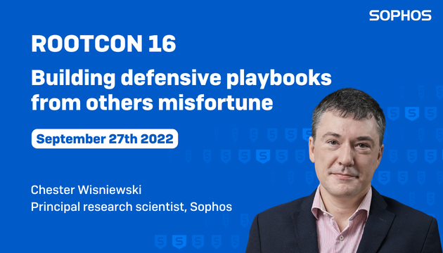 Sophos's tweet photo. One security team's misfortune is another's learning opportunity...
Join Sophos principal research scientist Chester Wisniewski to learn more about building defensive playbooks from others misfortune at #RootCon16
🔹 September 27, 2022
Learn more: https://t.co/M1lUznd7aA https://t.co/O4sffrrytx