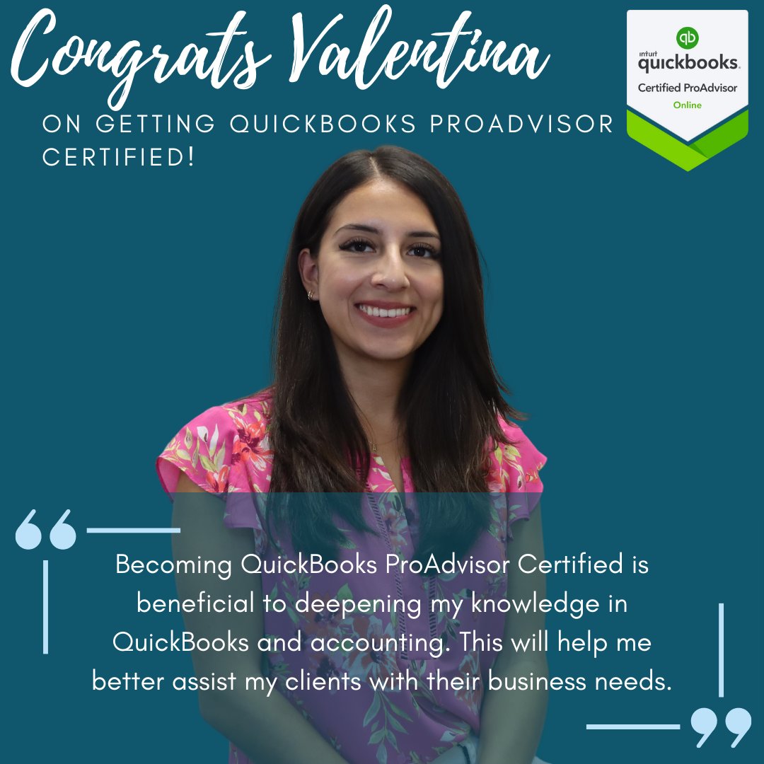 Devine_Consult's tweet photo. Congrats to Valentina for becoming QuickBooks ProAdvisor certified! Devine Consulting commends hard work and dedication to our clients. 
#QuickBooksProAdvisor #QuickBooks #Accounting #AccountingServices https://t.co/KsPAlurjK0