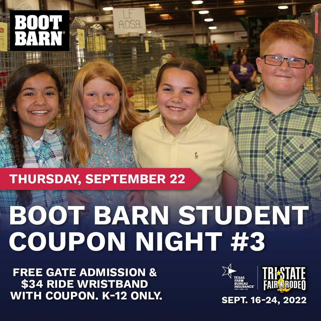 tristatefair's tweet photo. 🎡 It's our FINAL Boot Barn Student Coupon Night! Free Admission with the coupon &amp; a $34 Ride Wristband. K-12 only. Don't miss out! https://t.co/rObjSJdw2r https://t.co/fV7dVAvcJ8