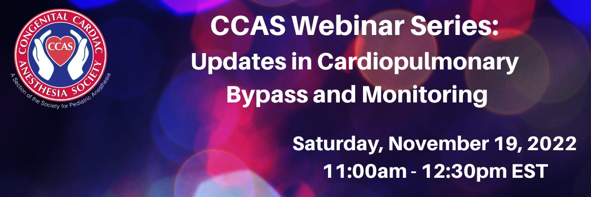 PedsCardiacAnes's tweet photo. Updates in Cardiopulmonary Bypass and Monitoring
Saturday, November 19, 2022
11:00 AM Eastern Time (US)
Earn 1.5 AMA PRA Category 1 Credit(s)™
Registration Information: https://t.co/1b2oWuD4Sq
#PedsAnes #PedsPain #PedsICU #PedsCards #COVID19 https://t.co/QgER6FKXI4