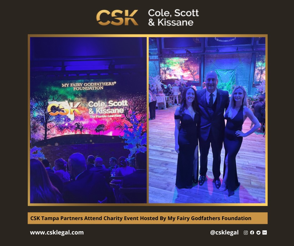 CSKLegal's tweet photo. CSK Tampa partners Michelle Bartels, Aram Megerian, and Lauren Kilgore attended a charity event hosted by My Fairy Godfathers Foundation.
Learn more: https://t.co/9oecS0wyRV
#CSKCares https://t.co/epIyzNZuHx