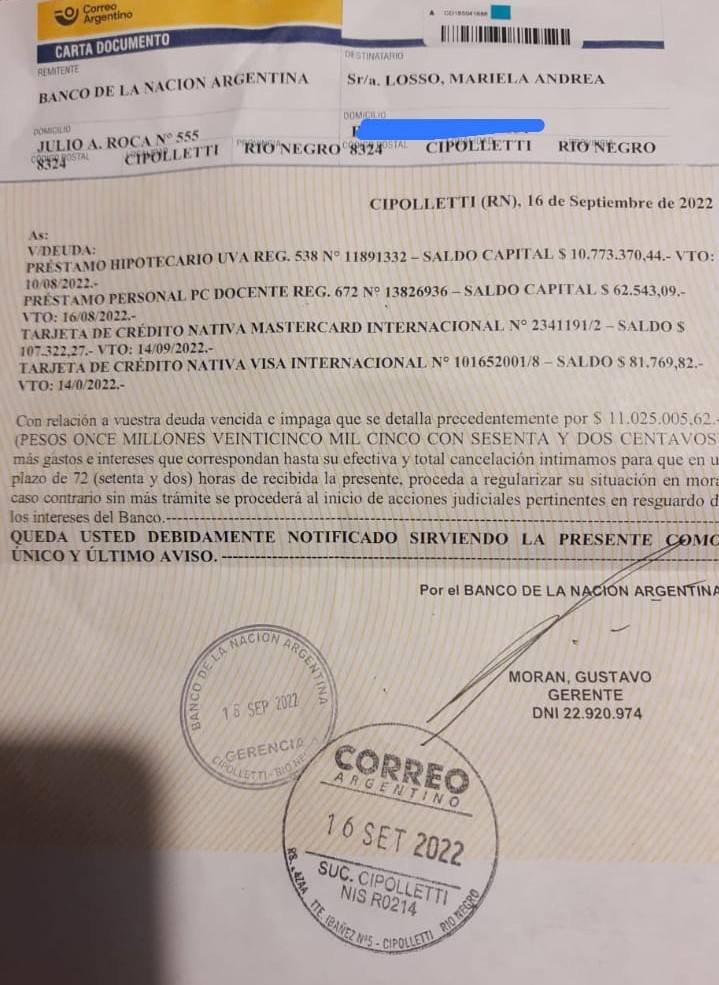Ademas de padecer la #UsuraUVA soporta la ineptitud del <a href="/BancoNacion/">Banco Nación</a> que le reclama cuotas que ya fueron pagadas.
Mientras la clase politica es complice de este saqueo financiero, Mariela como tantas familias de #HipotecadosUVA estan a punto de perder su techo.
#EjecucionesUVA