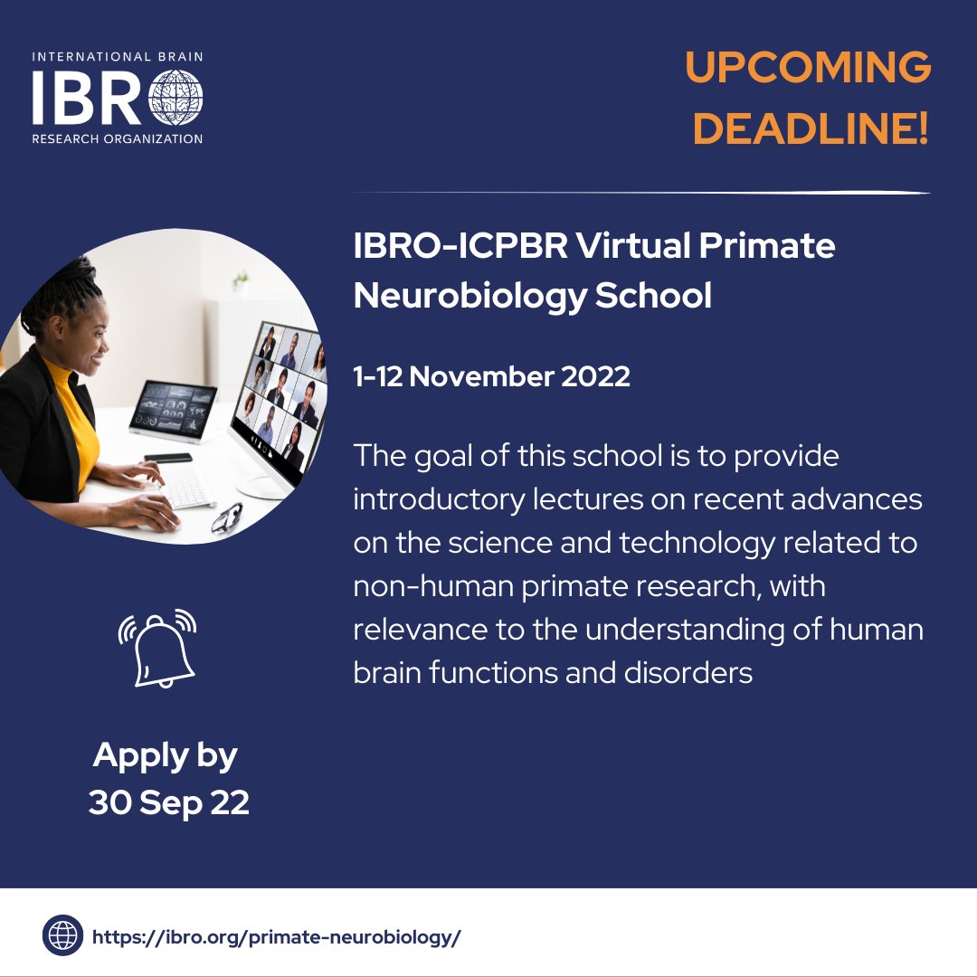 IBROorg's tweet image. 🧠 Are you interested in non-human #primate #neurobiology #research? Don't miss the chance to apply for the IBRO-ICPBR Virtual Primate Neurobiology School! 

👉 Check out the topics, speakers, and program schedule: ow.ly/9MHI50KPhRm

#training #career