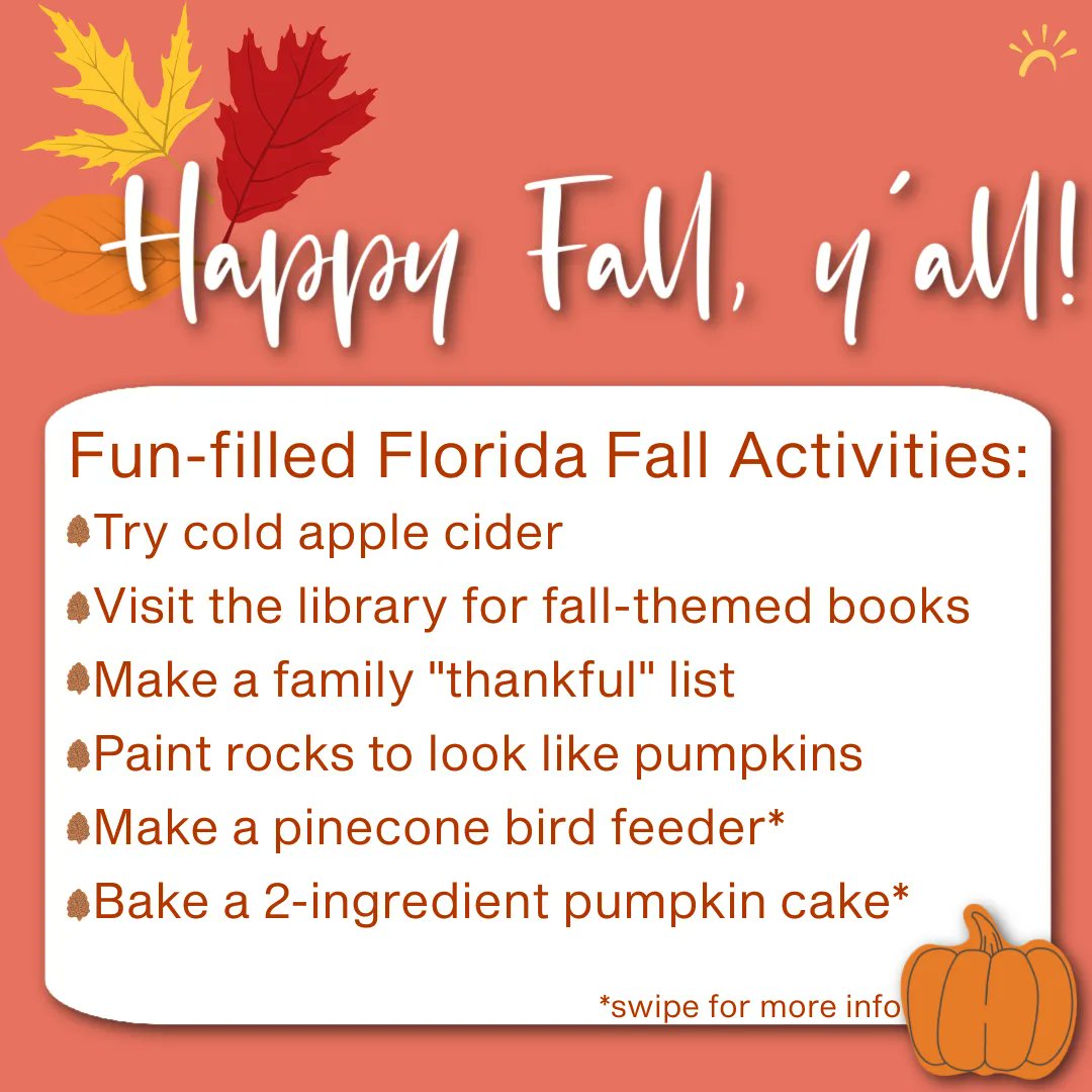 ThriveSWFL's tweet photo. It’s the 🍁🍂🌾First Day of Fall🍁🍂🌾  &amp; we at Thrive hope your family makes some wonderful memories in this new season! ✨ Here are a few “Florida-friendly” activities to help you enjoy the autumn… without melting in the SWFL sun☀️ 
#thrive #firstdayoffall #florida #swfl https://t.co/IQCi1lyOKG