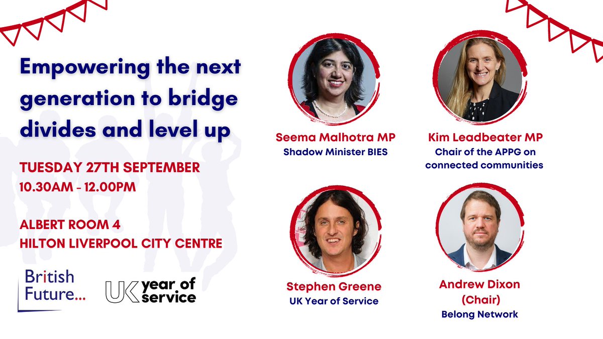 britishfuture's tweet photo. Empowering the next generation to bridge divides and level up.

Hosted in partnership with @uk_year.

@andy__dixon will be joined by @SeemaMalhotra1, @kimleadbeater, @stephenbgreene and more. https://t.co/MaBcO5lkvi