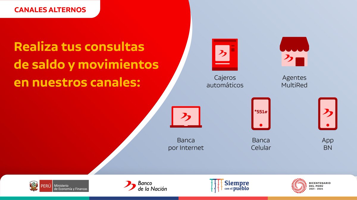 ¡Más fácil y rápido! Consulta tus saldos y movimientos a través de nuestros diferentes canales: Cajeros Automáticos, Agentes MultiRed, Multired Virtual, APP BN y MultiRed Celular. #ElBancoSinIrAlBanco #CanalesAlternos