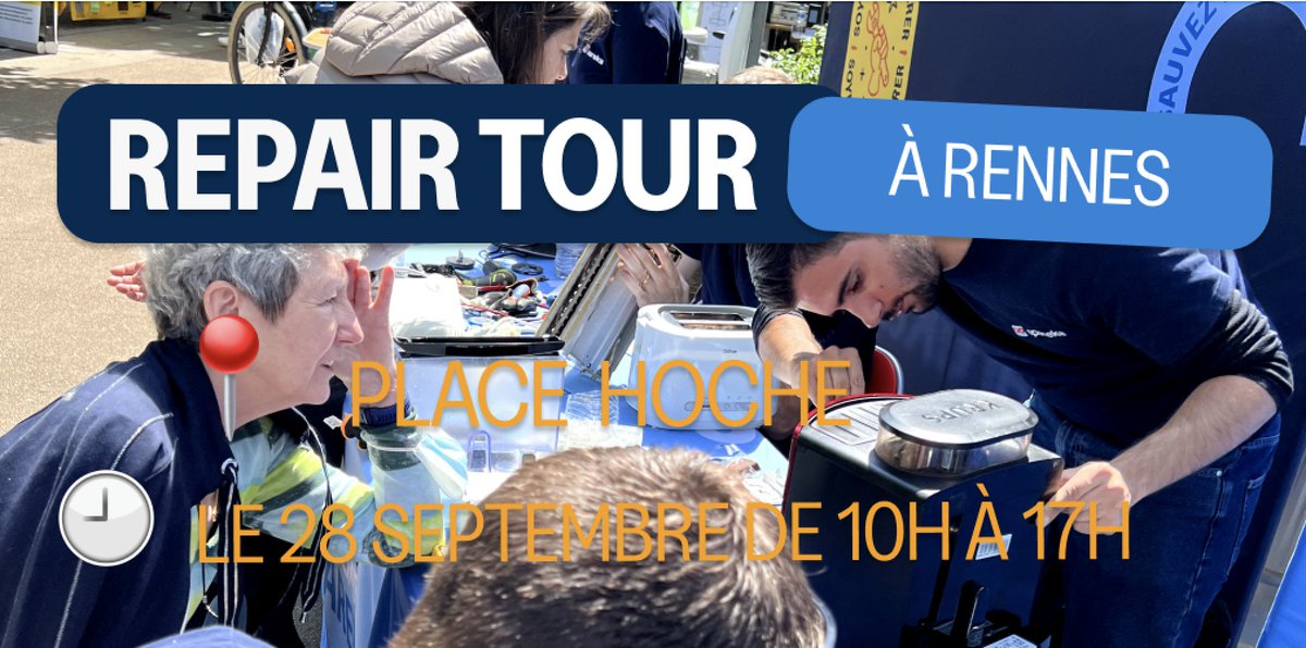 ademe's tweet photo. [#LongueVieAuxObjets] 🛠
Participez à la dernière étape du #RepairTour organisé par @spareka et l'@ademe à Rennes le 28 septembre prochain ! 
➡️ Participez aux ateliers et réparez gratuitement vos appareils ! 
📍10h à 17h, place Hoche
👉https://t.co/QNZCLT3NTU https://t.co/UY97mo2fa9