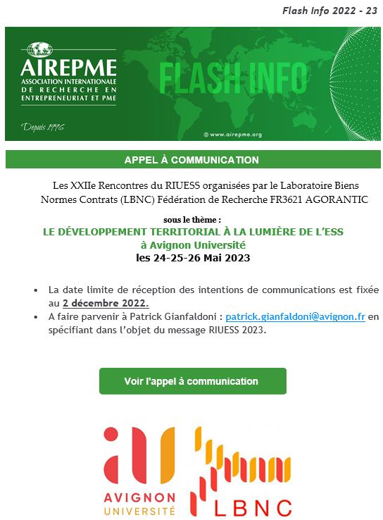 airepme's tweet photo. 📢[Appel à Communication] "LE DÉVELOPPEMENT TERRITORIAL À LA LUMIÈRE DE L’ESS" durant les XXIIe Rencontres du RIUESS, 24-26 Mai 2023 à
@UnivAvignon 🚀 
📆Date limite de réception des intentions de communications : 2 décembre 2022
👉Info: https://t.co/GbP3CYMkPj https://t.co/ybbFvtOtyL