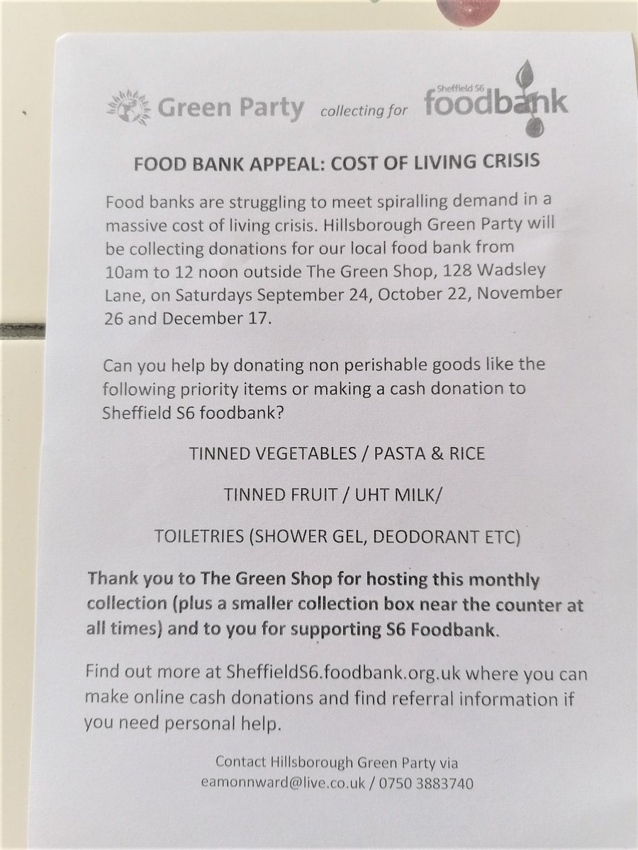 Hillsborough Greens will be collecting for S6 Foodbank outside the Green Shop this Saturday Sep 24th from 10am to 12noon. One of your local Green councillors, Christine Gilligan Kubo, will be there from 10.30 to 11.30 if you have any enquiries on any issue that affects you.