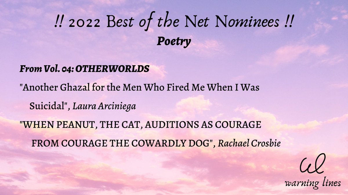 warninglines's tweet photo. Our poetry nominations for the next Best of the Net Anthology!🔥

Thank you so much @perrygasteiger, @gr8earlofhell, @gliblii, K.S., @LauraAArciniega, and @rachaelapoet for sharing your voice with us!! https://t.co/mEhf65fehV