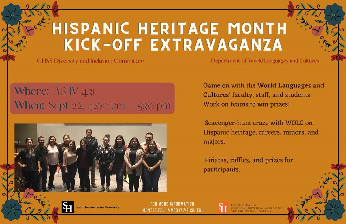 SHSU_Unidos's tweet photo. Celebrate Hispanic Heritage Month with the World Languages &amp; Cultures department this afternoon at 4pm. See you there! https://t.co/KIZaFETq7B