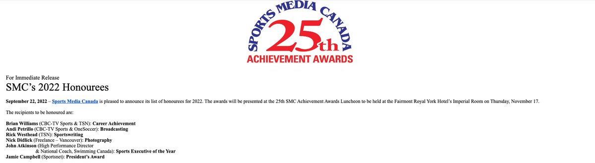 Introducing the Class of 2022 for our Achievement Awards. Congratulations Brian Williams, <a href="/AndiPetrillo/">Andi Petrillo</a>, <a href="/rwesthead/">Rick Westhead</a>, <a href="/SNETCampbell/">Jamie Campbell</a>. <a href="/nickdidlick/">NickDidlick</a> and John Atkinson of <a href="/SwimmingCanada/">Swimming Canada / Natation Canada</a>.