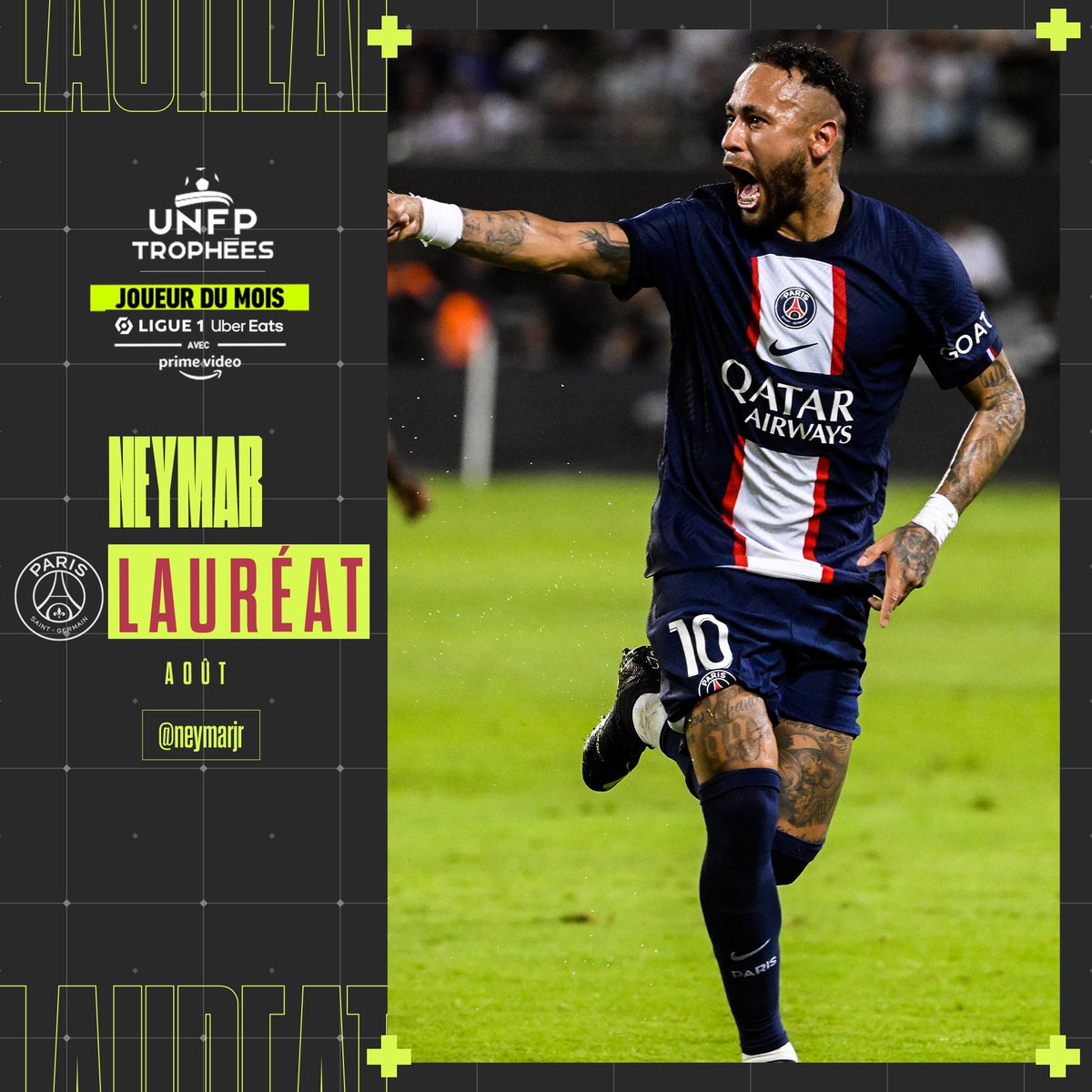 BREAKING: Neymar Jr wins Ligue 1 player of the month for August

Appearances - 5⃣
Goals - 7⃣
Assists - 6⃣

Numero uno 🥇