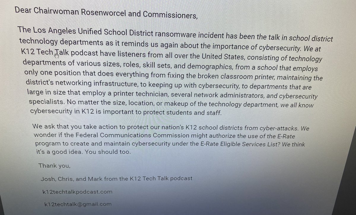 k12techtalkpod's tweet photo. We may or may not have emailed the FCC… #emailDraft #cybersecurity #ransomware https://t.co/V5VxNAC6ax