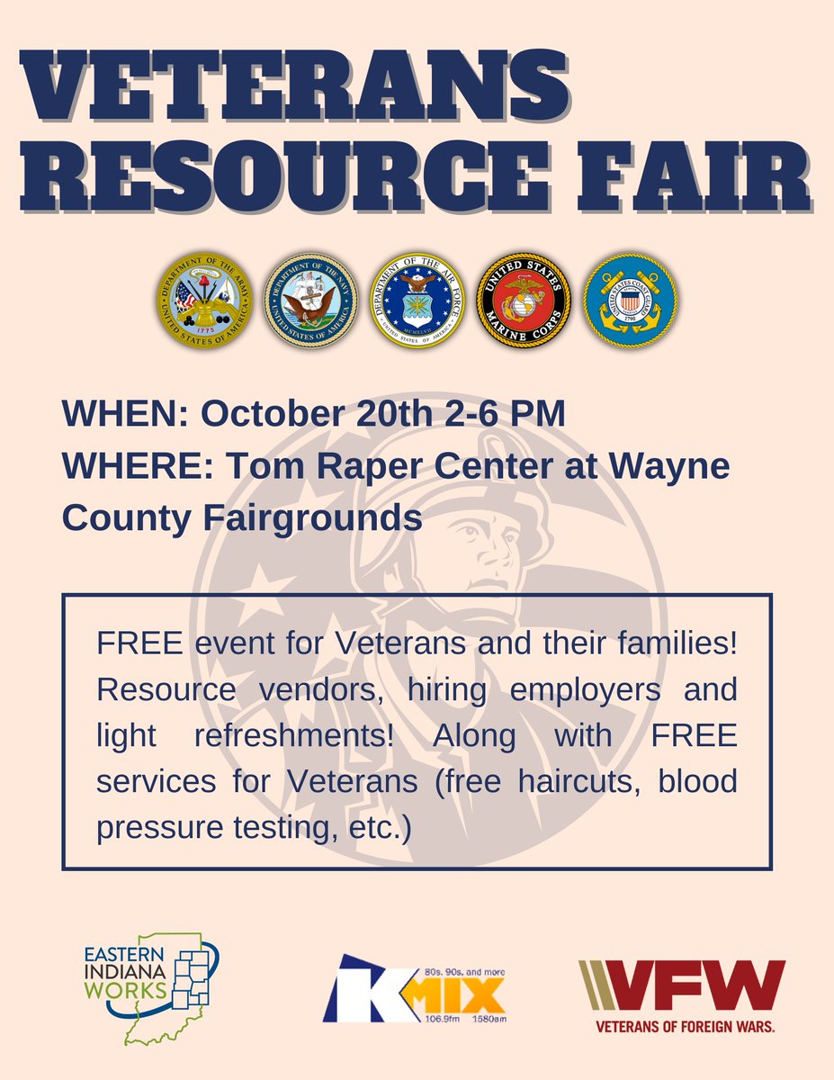 4 weeks from today we will be at the Wayne County Fairgrounds for the 9th Annual Eastern Indiana Veterans Resource Fair and Hiring Event!  Please share this with any Veteran, Resource Provider or Employer that you know.  Currently over 60 vendors registered to attend!