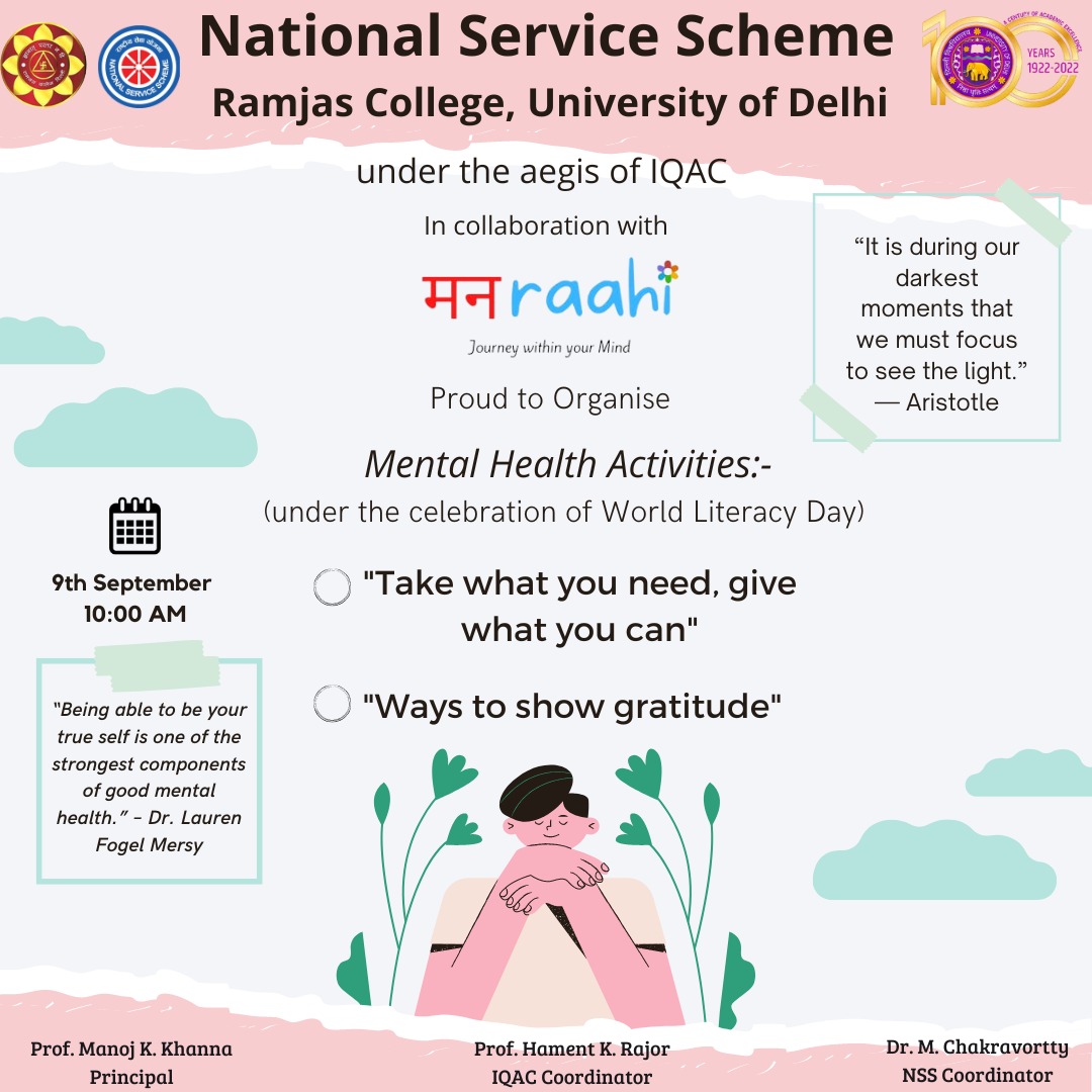 NssRamjas's tweet photo. As an effort to raise awareness about mental health issues, Ramjas NSS under the celebration of World Literacy Day👩🏻‍🎓 organised some mind-boosting and mind-refreshing activities in collaboration with 'Manraahi' on 9th September in college auditorium.📝 https://t.co/K2XoGwgmeZ