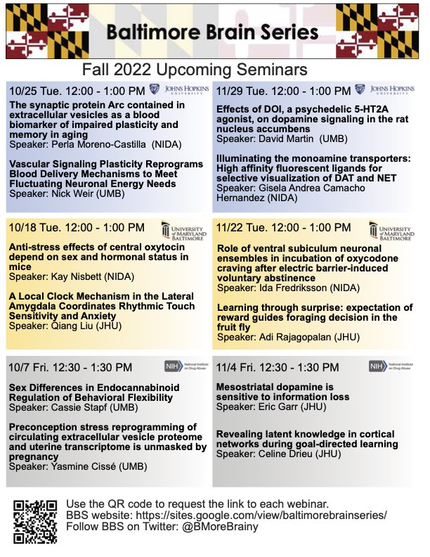 BaltimoreBrainSeries (@bmorebrainy) on Twitter photo It's finally here!
The schedule for Baltimore Brain Series Fall 2022 seminars!
We are so excited to hear all these incredible talks!
Use the QR code to request Zoom links for the seminars.
<a href="/HopkinsNeuro/">Hopkins Neuroscience</a> <a href="/jhneurostudents/">Hopkins Neuro Grad Students</a> <a href="/UMMedNeuro/">Univ of Maryland School of Medicine Neuroscience</a> <a href="/NIDAnews/">NIDAnews</a> It's finally here!
The schedule for Baltimore Brain Series Fall 2022 seminars!
We are so excited to hear all these incredible talks!
Use the QR code to request Zoom links for the seminars.
<a href="/HopkinsNeuro/">Hopkins Neuroscience</a> <a href="/jhneurostudents/">Hopkins Neuro Grad Students</a> <a href="/UMMedNeuro/">Univ of Maryland School of Medicine Neuroscience</a> <a href="/NIDAnews/">NIDAnews</a>