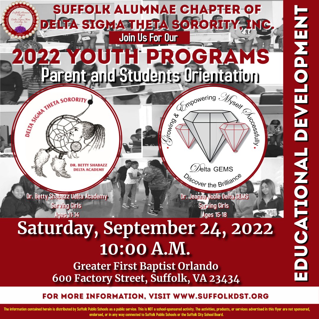 SACDST1964's tweet image. 2022 Youth Programs Orientation for Delta Academy, Delta GEMS and EMBODI on Saturday,  September 24, 2022 at Greater First Baptist Church-Orlando at 10AM &amp;amp; 1PM.
#DeltaAcademy #DeltaGEMS #YouthPrograms #EducationalDevelopment
#ComeOnSuffolkLetsLIVE