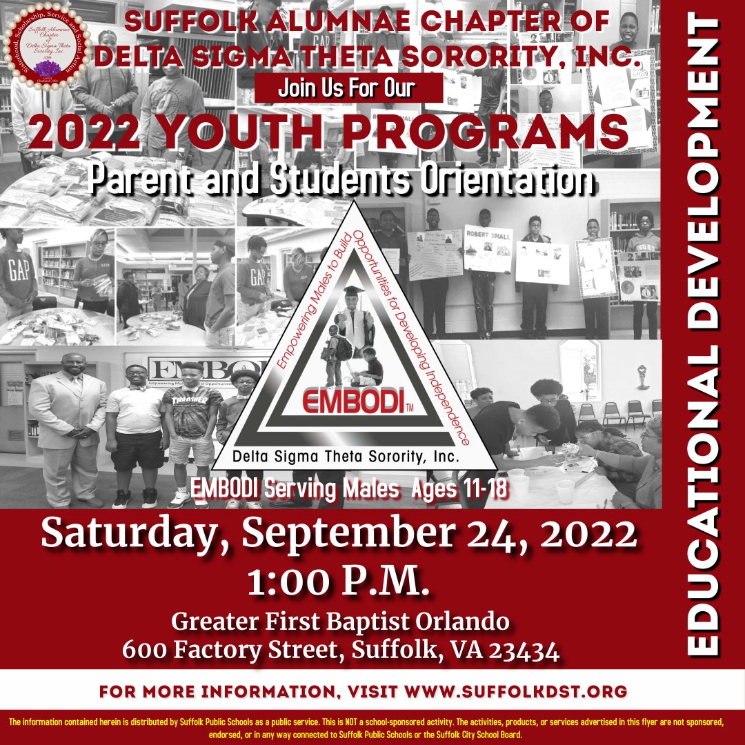 SACDST1964's tweet image. 2022 Youth Programs Orientation for Delta Academy, Delta GEMS and EMBODI on Saturday,  September 24, 2022 at Greater First Baptist Church-Orlando at 10AM &amp;amp; 1PM.
#DeltaAcademy #DeltaGEMS #YouthPrograms #EducationalDevelopment
#ComeOnSuffolkLetsLIVE