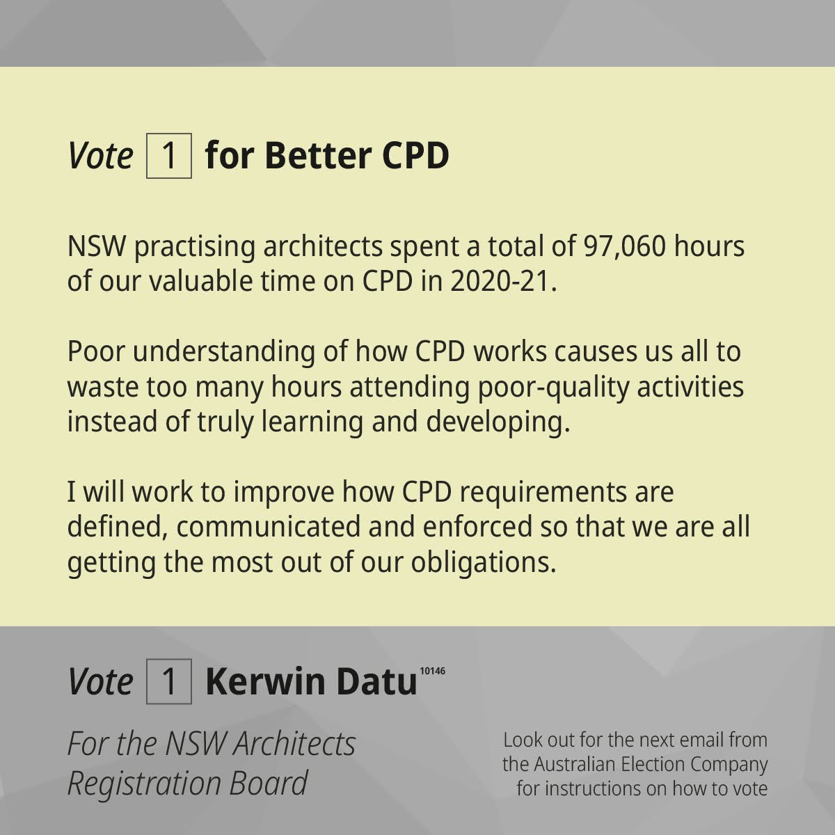 kerwindatu's tweet photo. Next month, architects will elect two of their colleagues to sit on the NSW ARB. I am running to make the ARB more useful and improve it in three areas: Easier registration, Better CPD, and Gender equality. Look out for an email from Australian Election Company for how to vote! https://t.co/gzVAoHSZxA