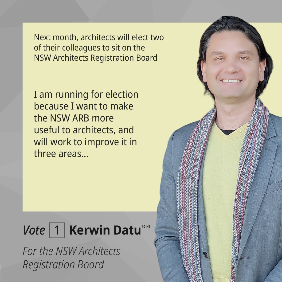 kerwindatu's tweet photo. Next month, architects will elect two of their colleagues to sit on the NSW ARB. I am running to make the ARB more useful and improve it in three areas: Easier registration, Better CPD, and Gender equality. Look out for an email from Australian Election Company for how to vote! https://t.co/gzVAoHSZxA