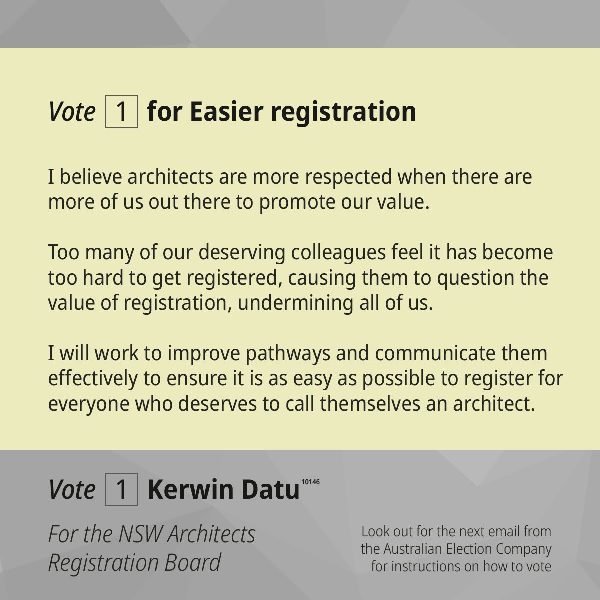 kerwindatu's tweet photo. Next month, architects will elect two of their colleagues to sit on the NSW ARB. I am running to make the ARB more useful and improve it in three areas: Easier registration, Better CPD, and Gender equality. Look out for an email from Australian Election Company for how to vote! https://t.co/gzVAoHSZxA