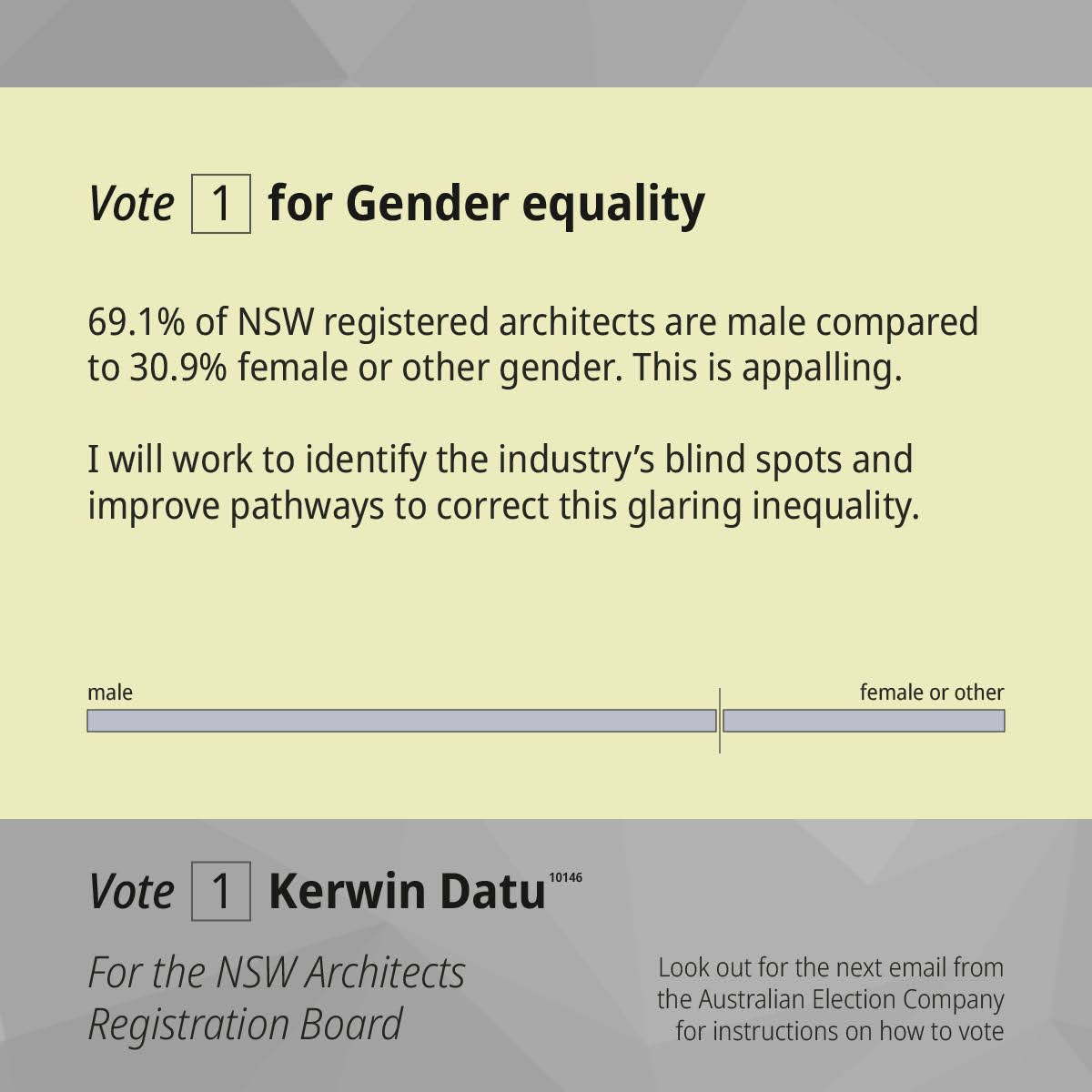 kerwindatu's tweet photo. Next month, architects will elect two of their colleagues to sit on the NSW ARB. I am running to make the ARB more useful and improve it in three areas: Easier registration, Better CPD, and Gender equality. Look out for an email from Australian Election Company for how to vote! https://t.co/gzVAoHSZxA