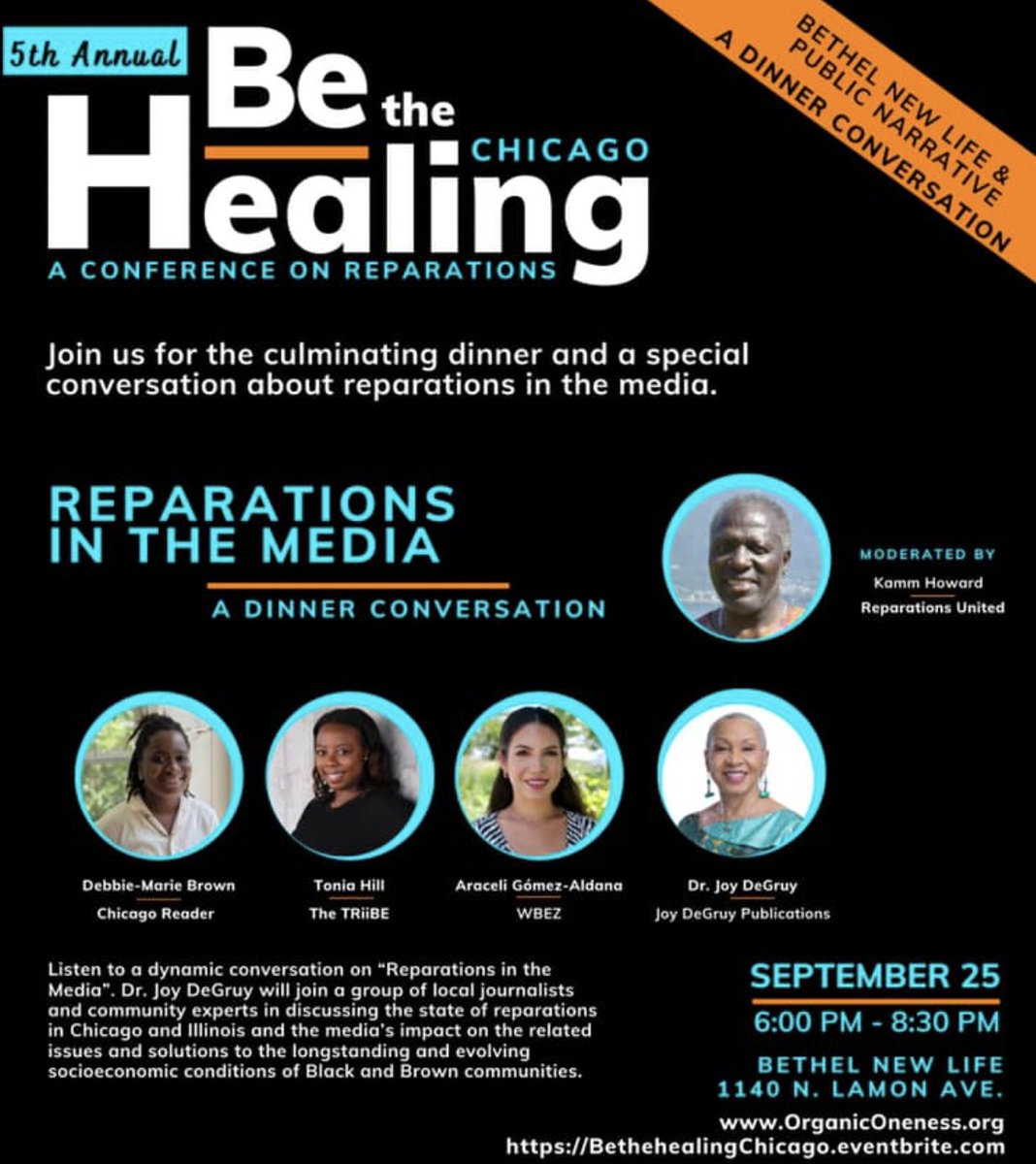 OrganicOneness's tweet photo. Join us for “Reparations in the Media” on Sunday at 6pm! This will be our culminating dinner at Bethel New Life.

Register now!! Join us on September 23-25 for the Be The Healing: Reparations Conference.
https://t.co/2ZnOsVBS9K

#Bethehealing #truth #justice https://t.co/jZFN3LdVDq