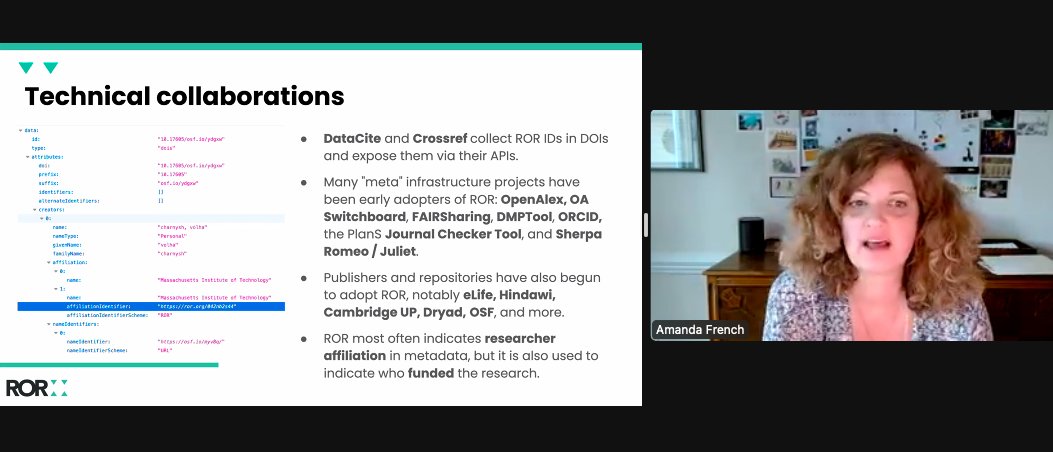 ResearchOrgs's tweet photo. #DataCite22 @amandafrench shares how ROR IDs are being integrated across scholarly infrastructure to identify organizations and connect them to other components of the research landscape #LetsRORtogether 🦁 https://t.co/5ReqgiEYc2