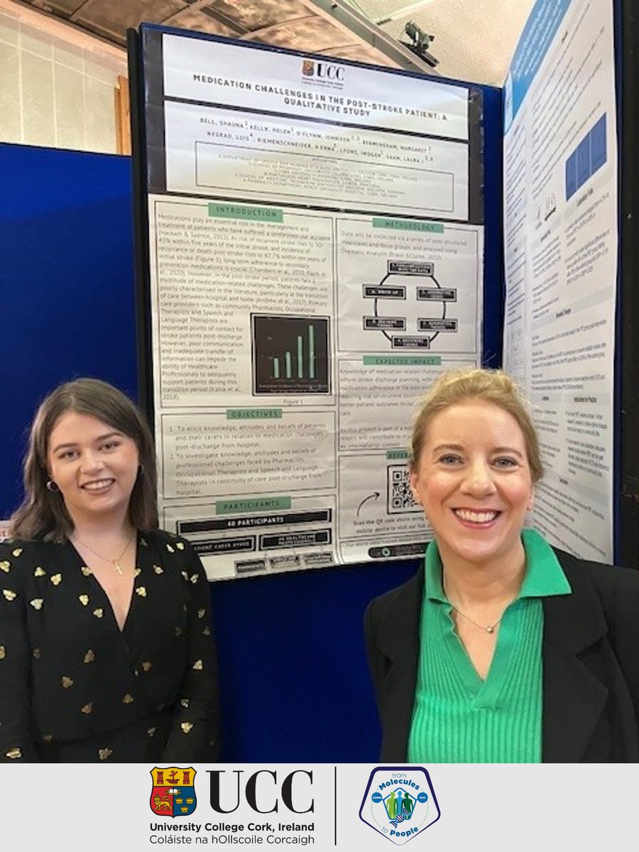 Pharmacy_UCC's tweet image. Presenting her work at the recent @UCCMedHealth Research Conference - &apos;from Molecules to People&apos; held in #UCC
(L-R) Ms Shauna Bell PhD candidate &amp;amp; one of her supervisors @LauraJSahm (Vice Dean @Pharmacy_UCC) Shauna’s work examines medication adherence in those with aphasia. #fM2P