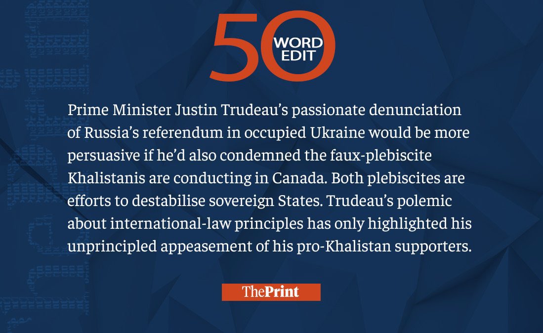 ShekharGupta's tweet photo. Our #50WordEdit on Trudeau’s vote-bank hypocrisy https://t.co/nYfbkX0TgR
