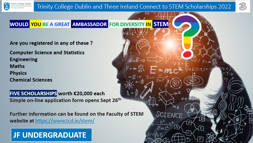 Trinity College Dublin (TCD) Faculty of STEM (@tcdfacultystem) on Twitter photo Delighted to announce Trinity College Dublin and Three Ireland Connect to STEM Scholarships applications open on 26th Sept. Three Ireland is supporting 25 undergraduate scholarships for women in a range of STEM courses. Find out more at tcd.ie/stem/@ThreeIre… <a href="/tcddublin/">Trinity College Dublin</a> Delighted to announce Trinity College Dublin and Three Ireland Connect to STEM Scholarships applications open on 26th Sept. Three Ireland is supporting 25 undergraduate scholarships for women in a range of STEM courses. Find out more at tcd.ie/stem/@ThreeIre… <a href="/tcddublin/">Trinity College Dublin</a>