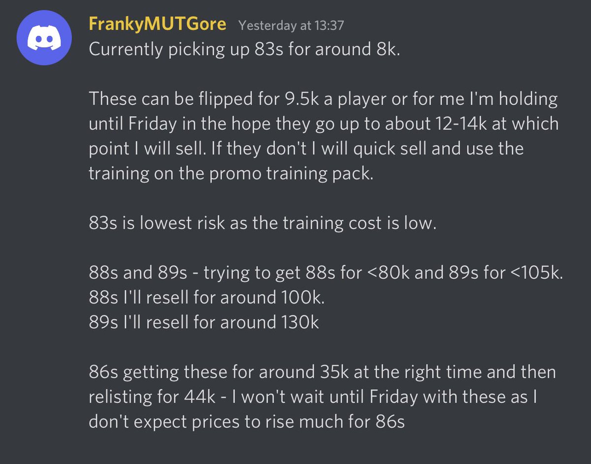 GoreMut's tweet photo. Posted in my discord yesterday. Have a look at the auction house and see how much you would’ve made if you followed 🤷‍♂️🤣 #Madden23 #MUT #packstrike https://t.co/FtTCngY4SA