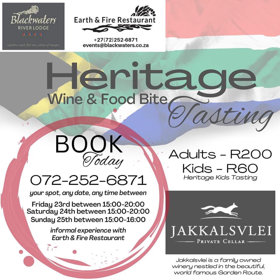 Tomorrow is day one of our weekend long
Wine &amp; Food Tasting AND Heritage Tasting for the kids, in celebration of heritage day!

Book your spot now &amp; come celebrate with us! 🇿🇦

#tastingforadults #tastingforkids #familyFUN 
#Knysna #Sedgefield #BuffaloBay #Ruigtevlei