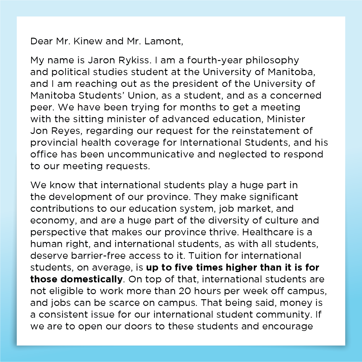 MyUMSU's tweet photo. Swipe through this post to read an open letter to Wab Kinew and Dougald Lamont from YOUR UMSU President, Jaron Rykiss, regarding international student healthcare!

#MyUMSU #UMSU https://t.co/xwMPaPEKDB