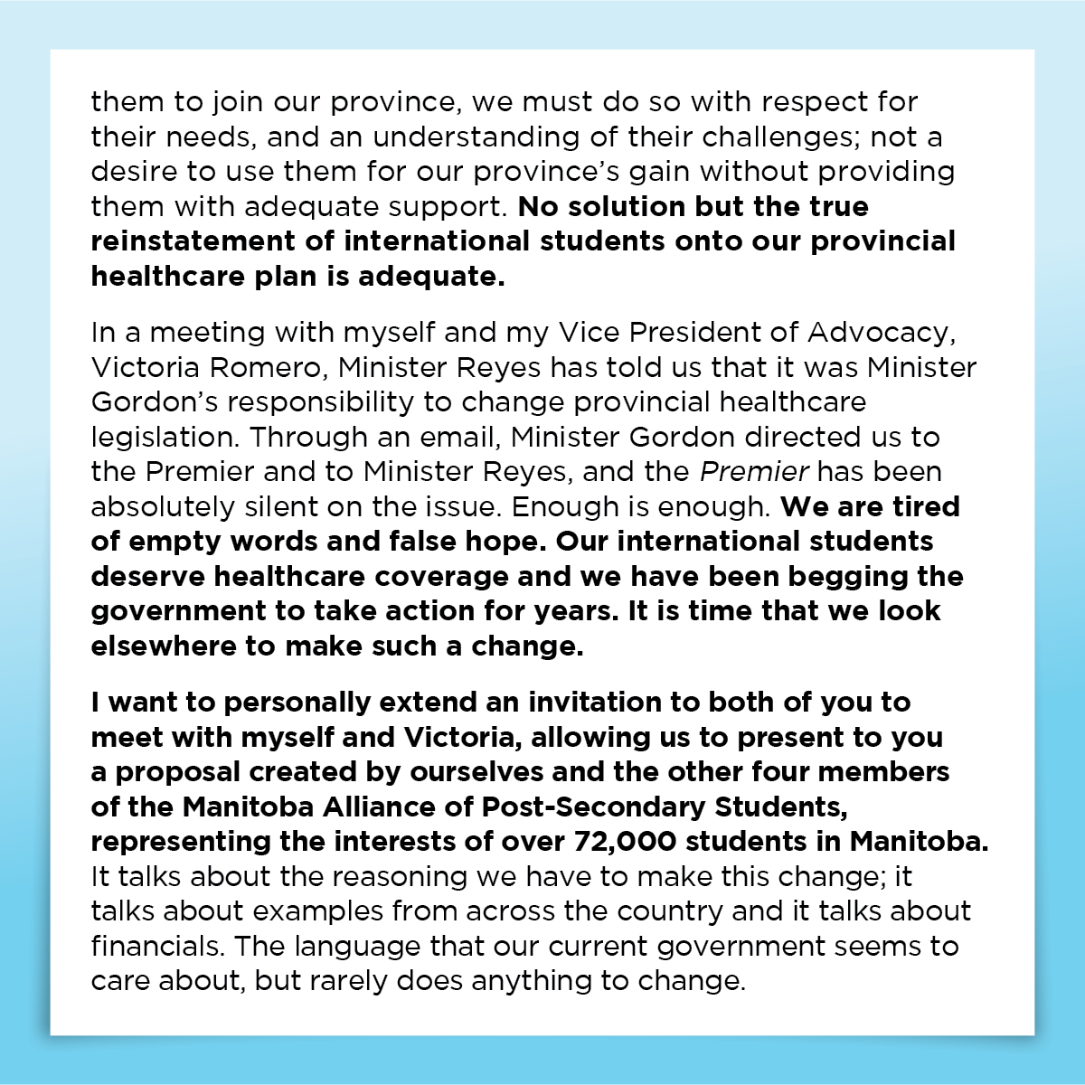 MyUMSU's tweet photo. Swipe through this post to read an open letter to Wab Kinew and Dougald Lamont from YOUR UMSU President, Jaron Rykiss, regarding international student healthcare!

#MyUMSU #UMSU https://t.co/xwMPaPEKDB