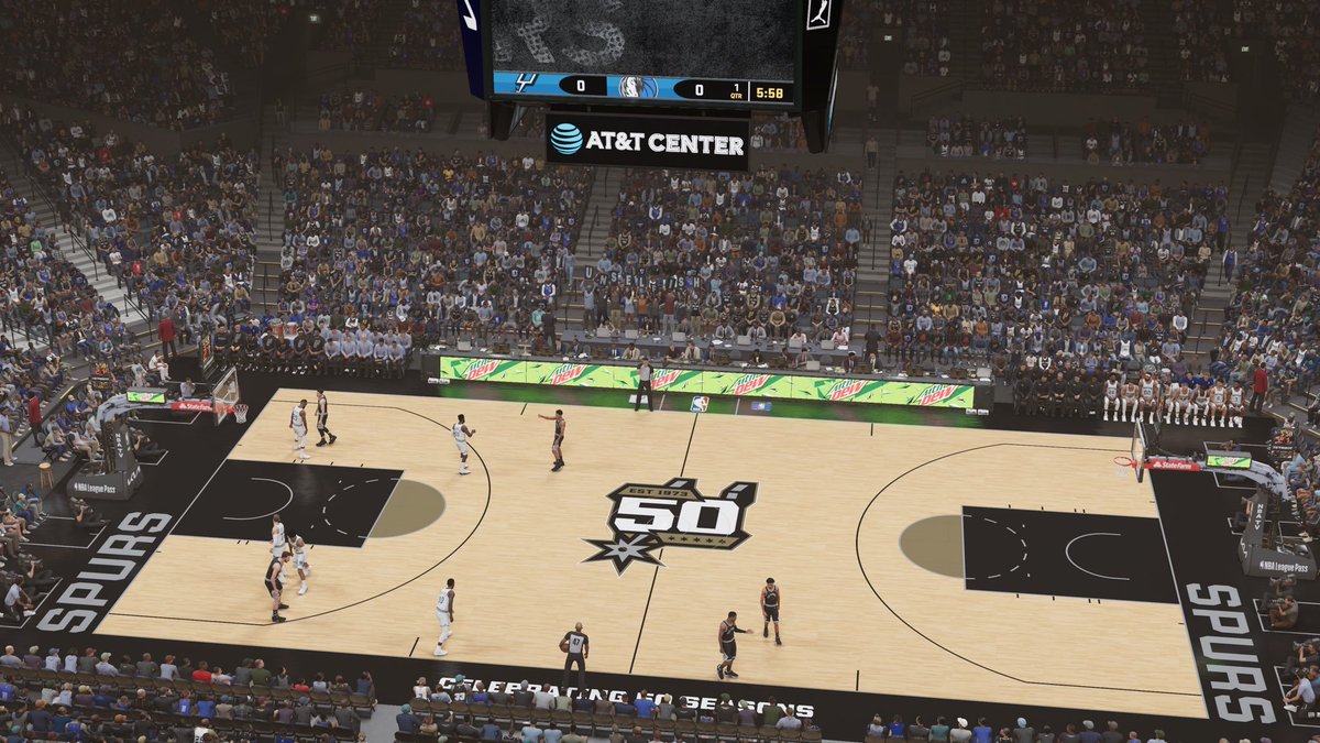 From a 2K23 screenshot (thx @AtomsBomb41), here's our first look at the Spurs main court for the upcoming season, celebrating their 50 seasons. https://t.co/hCFfe0JrU0