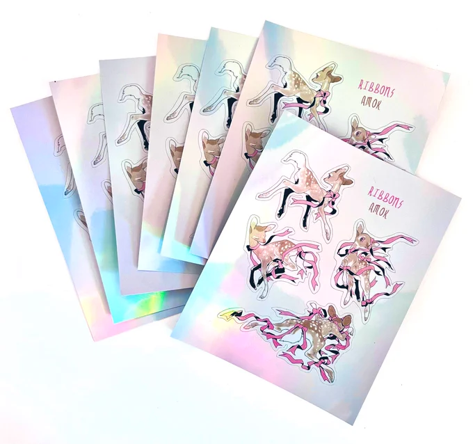 RIBBONS AMOK HOLO STICKERSi made my ribbon-entangled fawns into a sticker sheet!info / links in  
