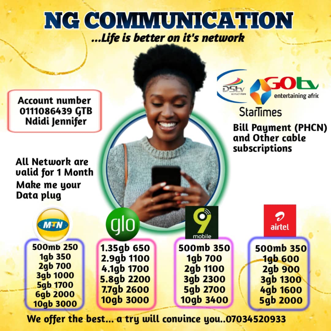 I still sell data, do tv subscription pay nepa bill etc. Slide to my DM Online 24/7