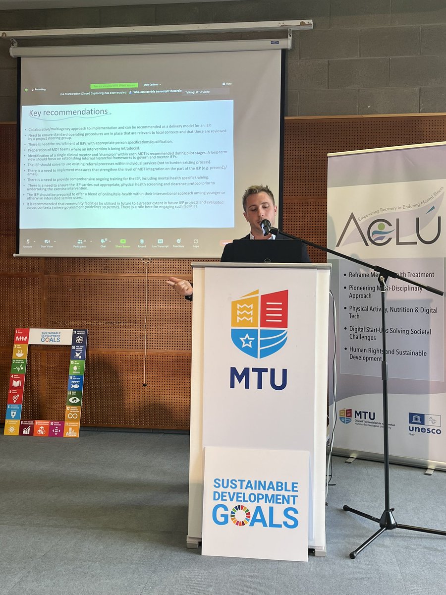 JosephFirthUoM's tweet photo. The launch event for the ACLÚ initiative from @MTU_ie @UNESCO features tremendous presentations from @KAschbrenner on PeerFit &amp; BEAT (using tech to promote fitness in SMI) &amp; @evmatthewsIRL; sharing insights on implementing exercise in Ireland’s mental health services https://t.co/ouy98qpjHB