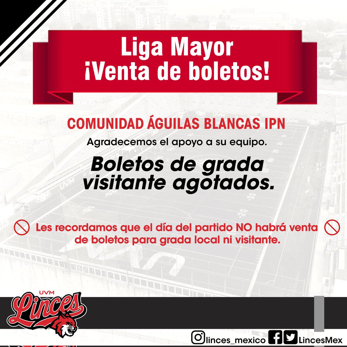 ‼️Sold out ‼️ Atención @AguilasIPN 🚫No habrá venta de boletos el día del partido🚫 Los esperamos y disfruten del evento. #Win4Ever @maximoavance @Tercer_Cuarto @DicassSports @receptorcommx @mundodelovoide @Primero_y_Gol_ @TSVideoMX @OnefaOficial @Ferdebolsillo @f_escopeta