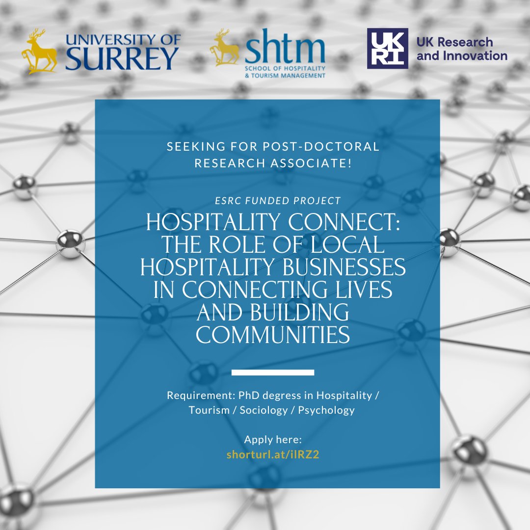 SHTMatSurrey (@shtmatsurrey) on Twitter photo Seeking for a research associate for a <a href="/UKRI_News/">UK Research and Innovation</a> funded project "Hospitality Connect", working with Dr Wang #SHTMatSurrey, Prof King (Sociology) & Dr Smith (Psychology) at <a href="/UniOfSurrey/">University of Surrey</a>  &  project partner <a href="/ToynbeeHall/">Toynbee Hall</a>. More info: please contact Dr Wang lorna.wang@surrey.ac.uk Seeking for a research associate for a <a href="/UKRI_News/">UK Research and Innovation</a> funded project "Hospitality Connect", working with Dr Wang #SHTMatSurrey, Prof King (Sociology) & Dr Smith (Psychology) at <a href="/UniOfSurrey/">University of Surrey</a>  &  project partner <a href="/ToynbeeHall/">Toynbee Hall</a>. More info: please contact Dr Wang lorna.wang@surrey.ac.uk